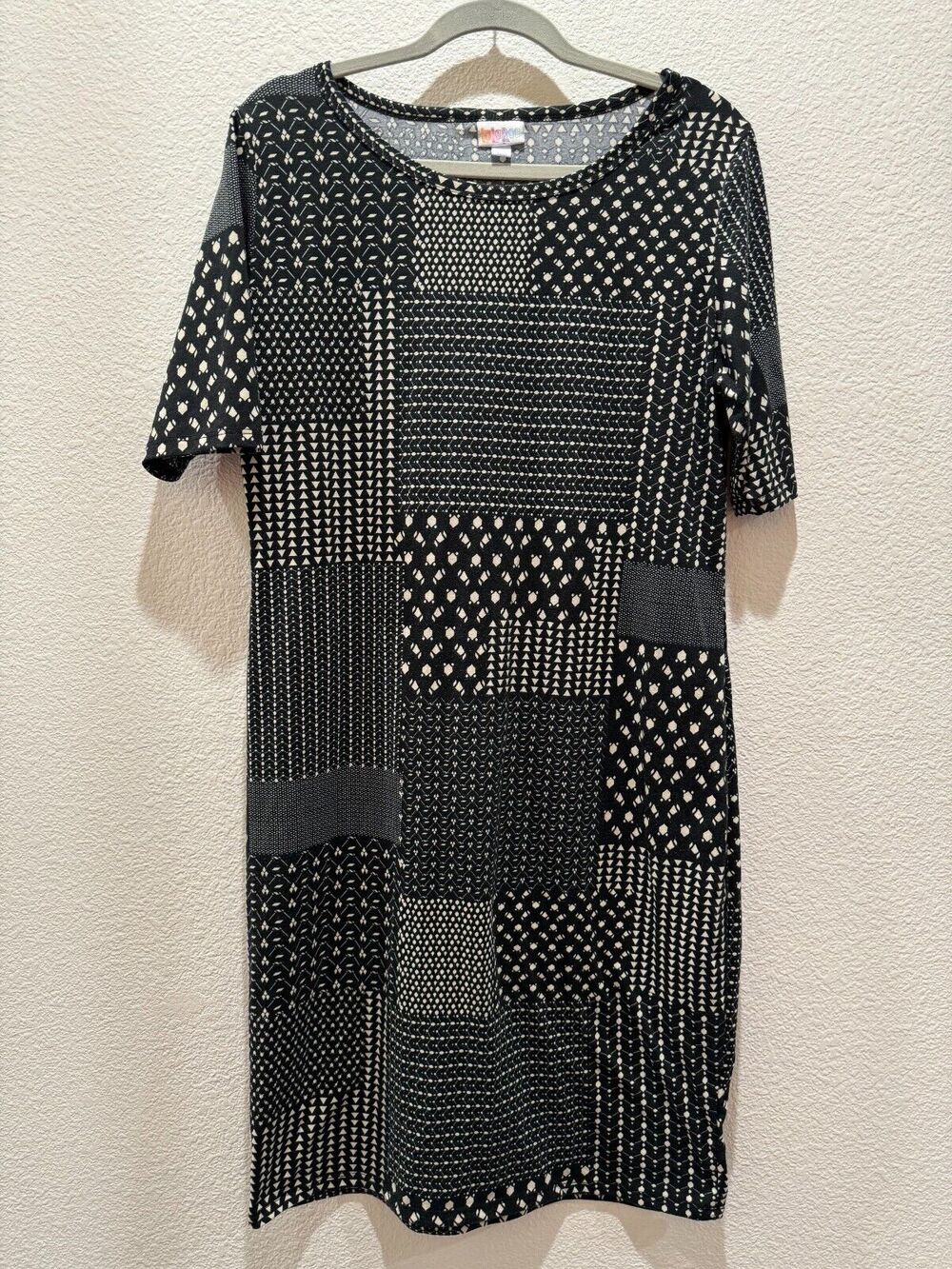 LuLaRoe Women's Julia Dress Size XL Black with Tan Fun Patchwork Pattern EUC!